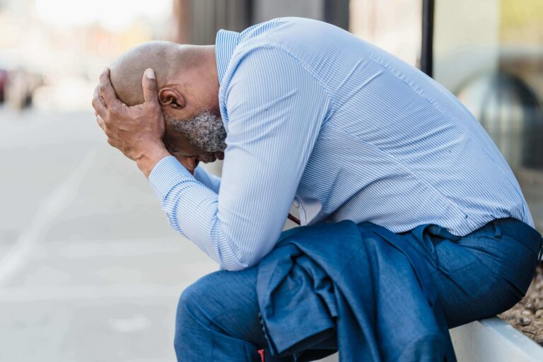 Man with his face in his hands looking stressed, representing challenges explored in men’s individual relationship counseling in Denver, CO.